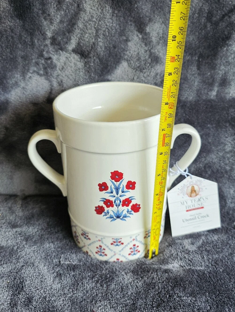 My Texas House New Poppy Trellis Ceramic Utensil Crock / Vase, Red White Blue 7